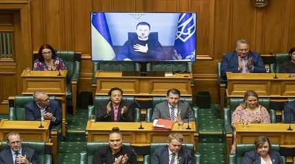 Volodymyr Zelenskyy via video during his address to the New Zealand Parliament