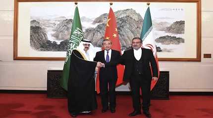 Ali Shamkhani with Mohammed al-Aiban and Wang Yi