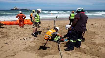 Workers install the 2Africa undersea cable 