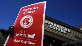 Starbucks employees strike outside their store