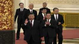 President Xi Jinping, Li Qiang, Zhao Leji, Wang Huning, Cai Qi, Ding Xuexiang, and Li Xi arrive at the Great Hall
