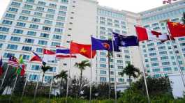 Flags of participating countries fly ASEAN Summit