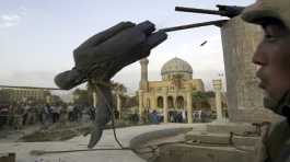toppled statue of Saddam Hussein