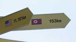 Destination signs to North Korea and the United States